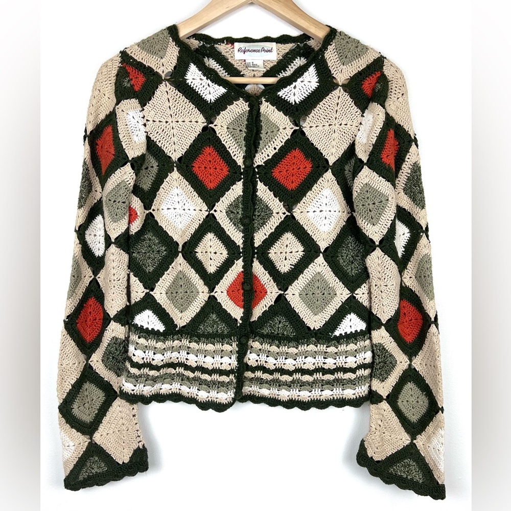 Vintage 90’s Y2K Granny Square Crochet Sweater Cardigan